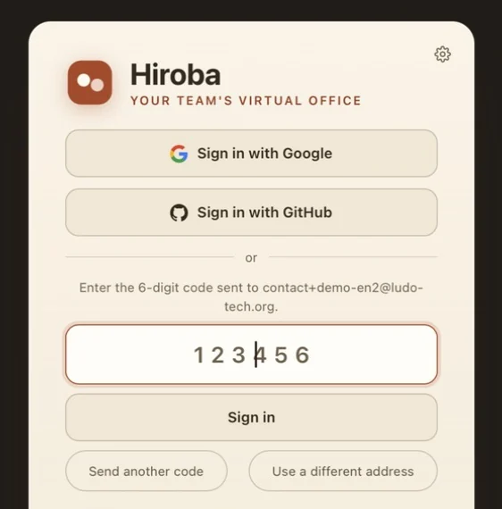 The login code screen: a prompt to enter the 6-digit code sent to the email address, a code field, a Sign in button, and Send another code and Use a different address buttons.