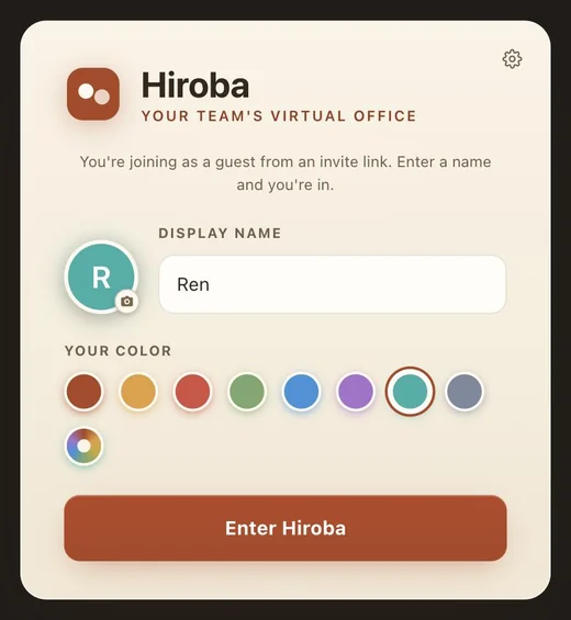 The browser join screen with the message You're joining as a guest from an invite link. Enter a name and you're in. Below it are a display name field filled in with Ren, color choices, and an Enter Hiroba button.