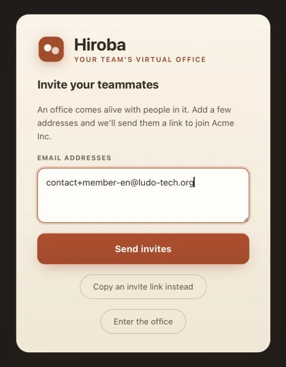 The Invite your teammates screen with an email address entered, followed by a Send invites button, a Copy an invite link instead button, and an Enter the office button.