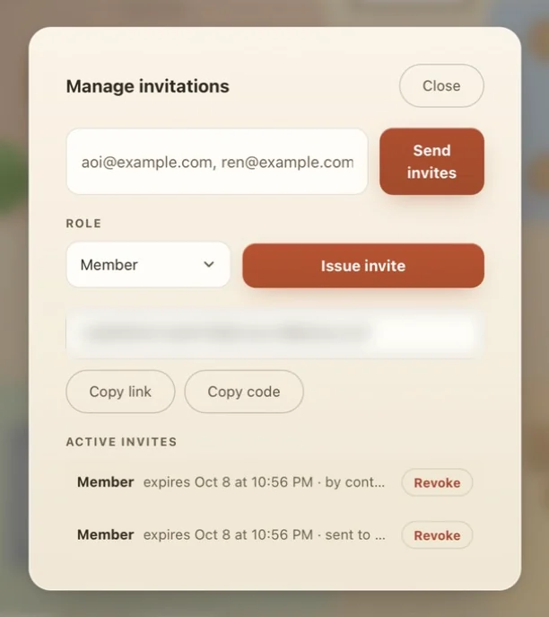 The Manage invitations panel: an email field with a Send invites button, a role picker set to Member with an Issue invite button, the issued invite code with Copy link and Copy code buttons, and a list of active invites with expiry dates and Revoke buttons.