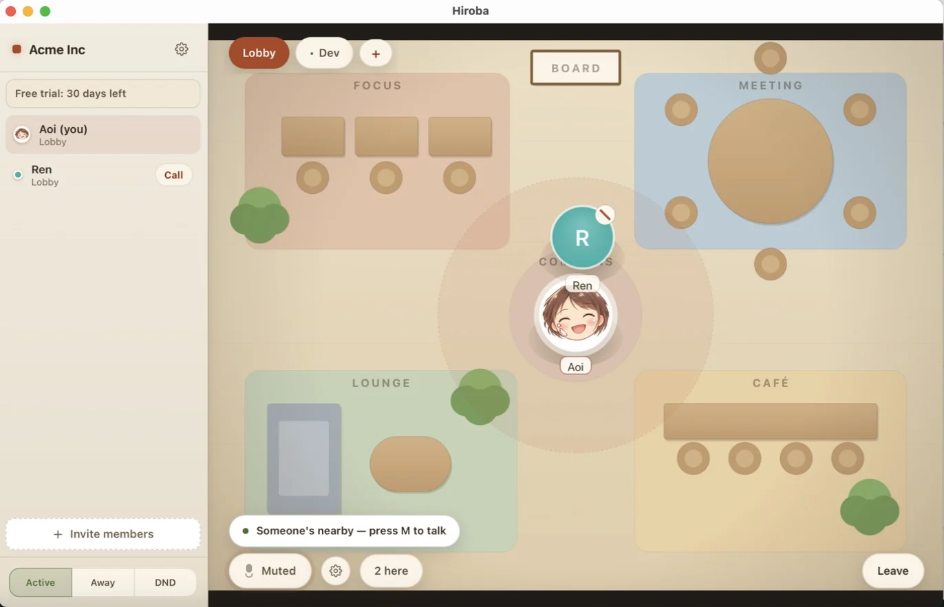 The inviter's Hiroba app. The sidebar lists Aoi (you) and Ren with a Call button next to Ren. Both avatars stand together in the Commons, with the hint Someone's nearby — press M to talk.